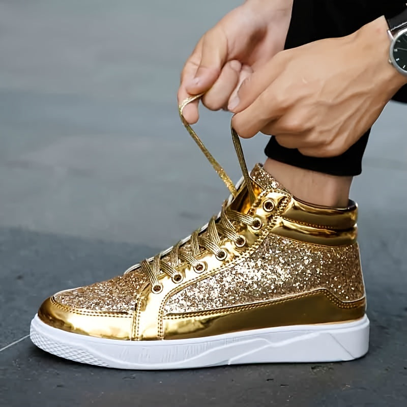 Faux Patent Leather High Top Skate Shoes, Comfy Sneakers